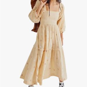 🌼 Women's Flower Embroidered Maxi Dress Lantern Sleeve Square Neck Tiered Dress